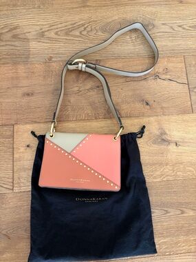 Donna Karan Coral & Cream Leather Crossbody with Gold Studs